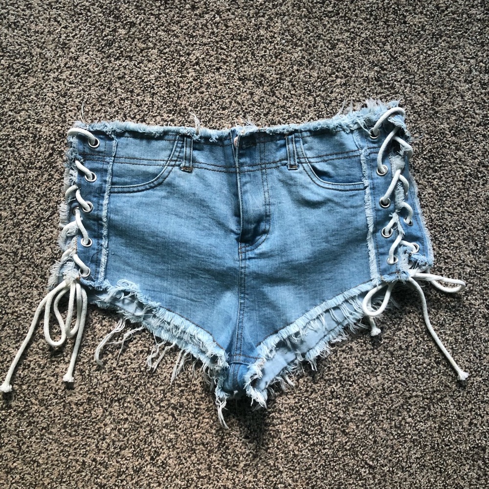 Lace denim light wash blue shorts